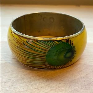Vintage Brass Wide Bangle with Peacock Feather